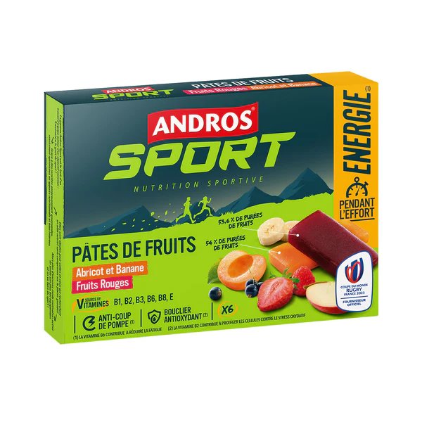 Pâte de fruits saveur Fruits rouges et Abricot banane Andros sport 30gr X 6 - Clubinsport