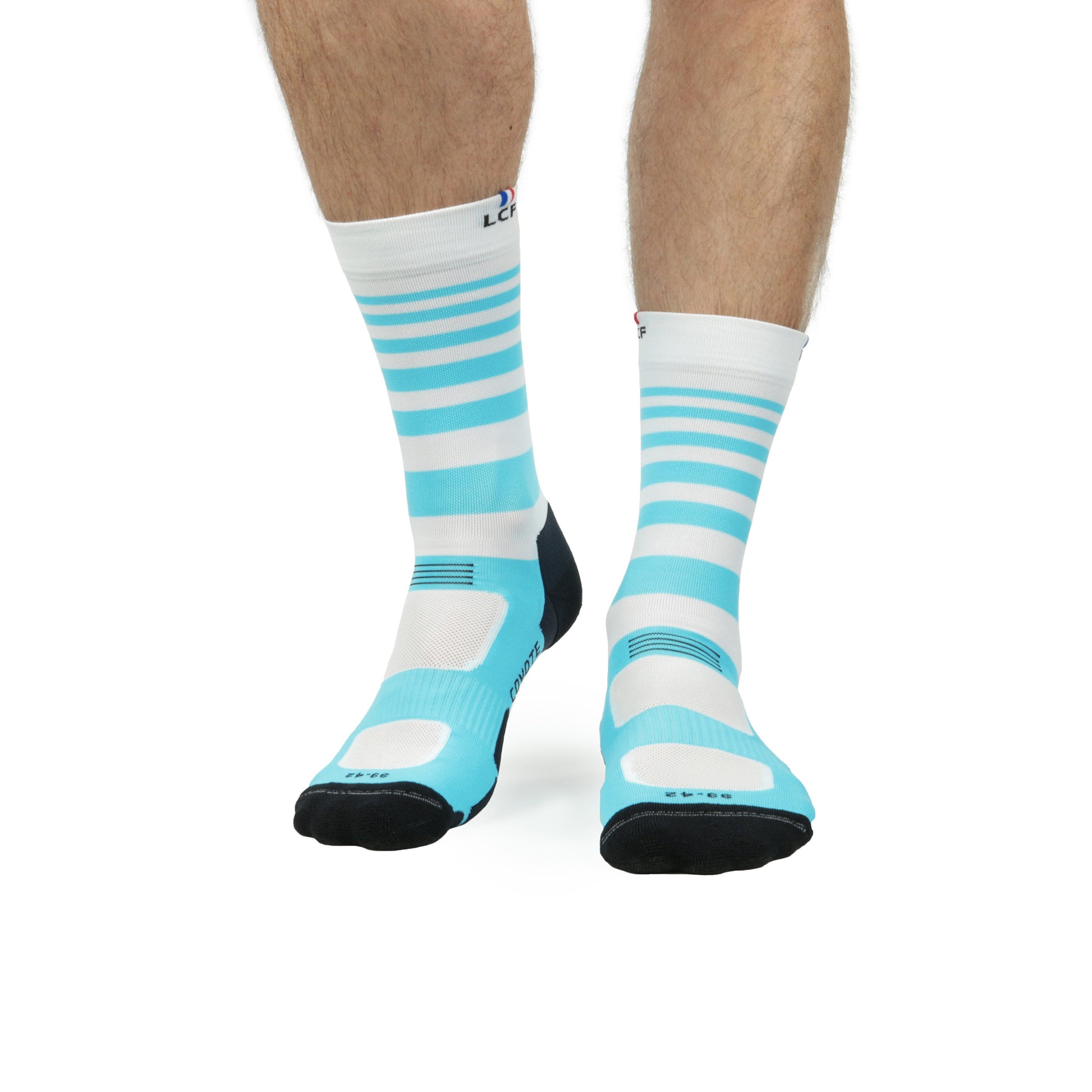 La Chaussette de France Running modele Coyote MID Acid blanche bandes bleu ciel - Clubinsport