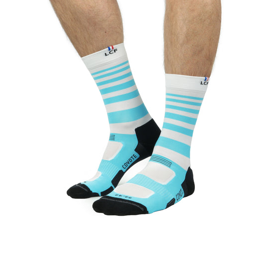 La Chaussette de France Running modele Coyote MID Acid blanche bandes bleu ciel - Clubinsport