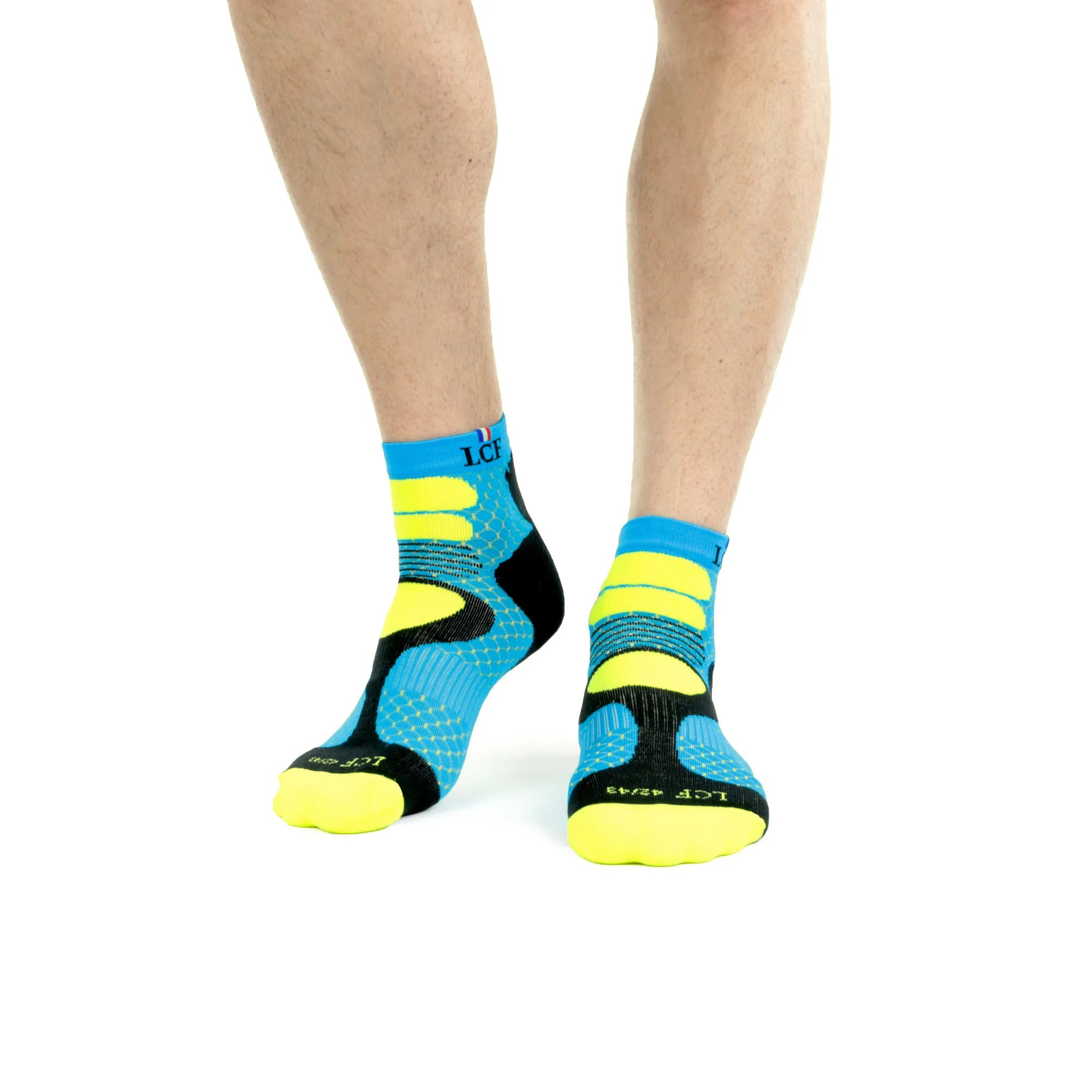 La Chaussette de France Running modele Nepal bleu et jaune fluo