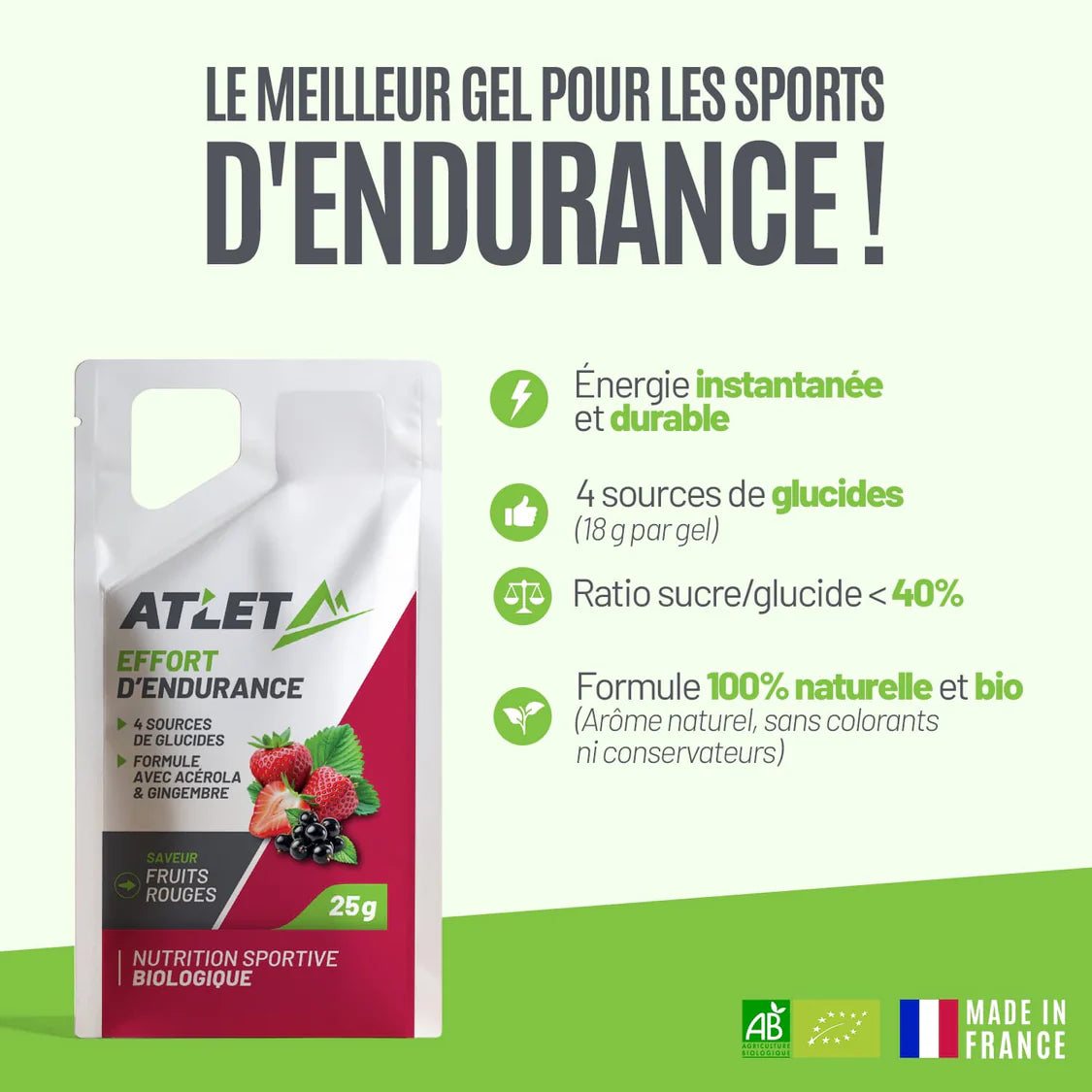 Gel énergétique ATLET fruits rouges bio nouveau packaging
