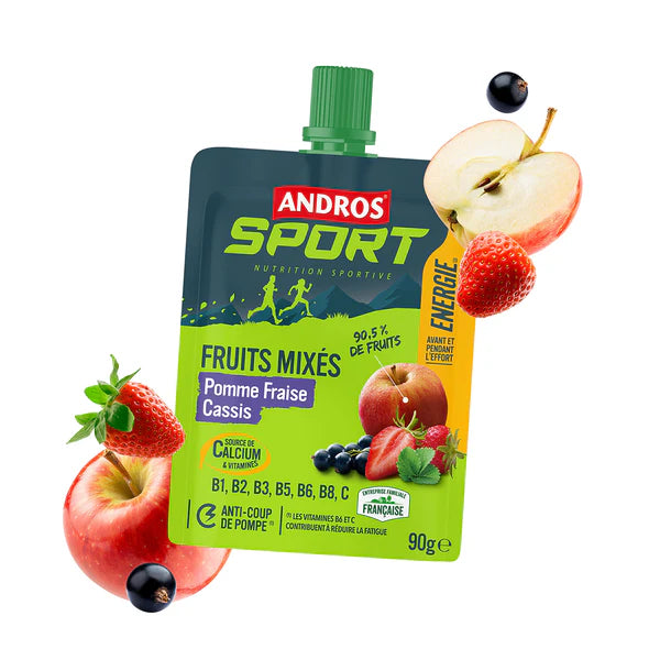Compote Gourde de fruits mixés Andros Sport vitaminée Pomme Fraise Cassis 90g - Clubinsport