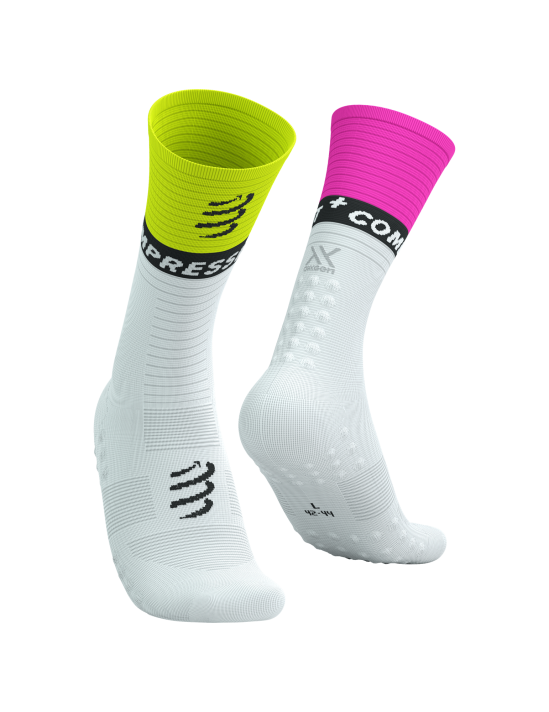 Chaussettes Compressport Mid Compression V2.0 - Blanc/jaune et fushia - Clubinsport