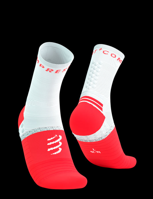 Chaussettes Compressport Pro Marathon socks blanc et rouge fluo