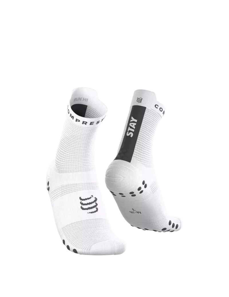Chaussettes Compressport Pro Racing Socks High  v4.0 stay behind blanc et noir
