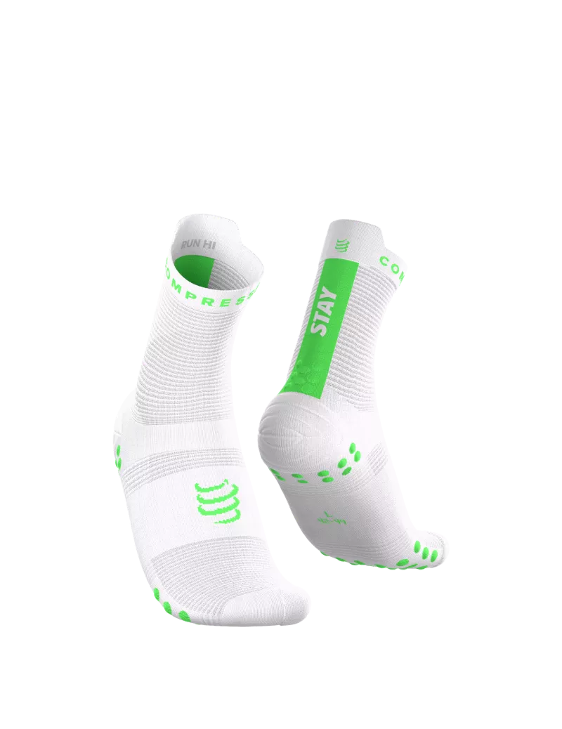 Chaussettes Compressport Pro Racing Socks High  v4.0 stay behind blanc vert fluo