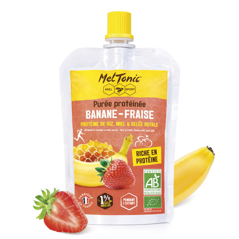 Purée Meltonic protéinée bio Banane - Fraise miel et gelée royale