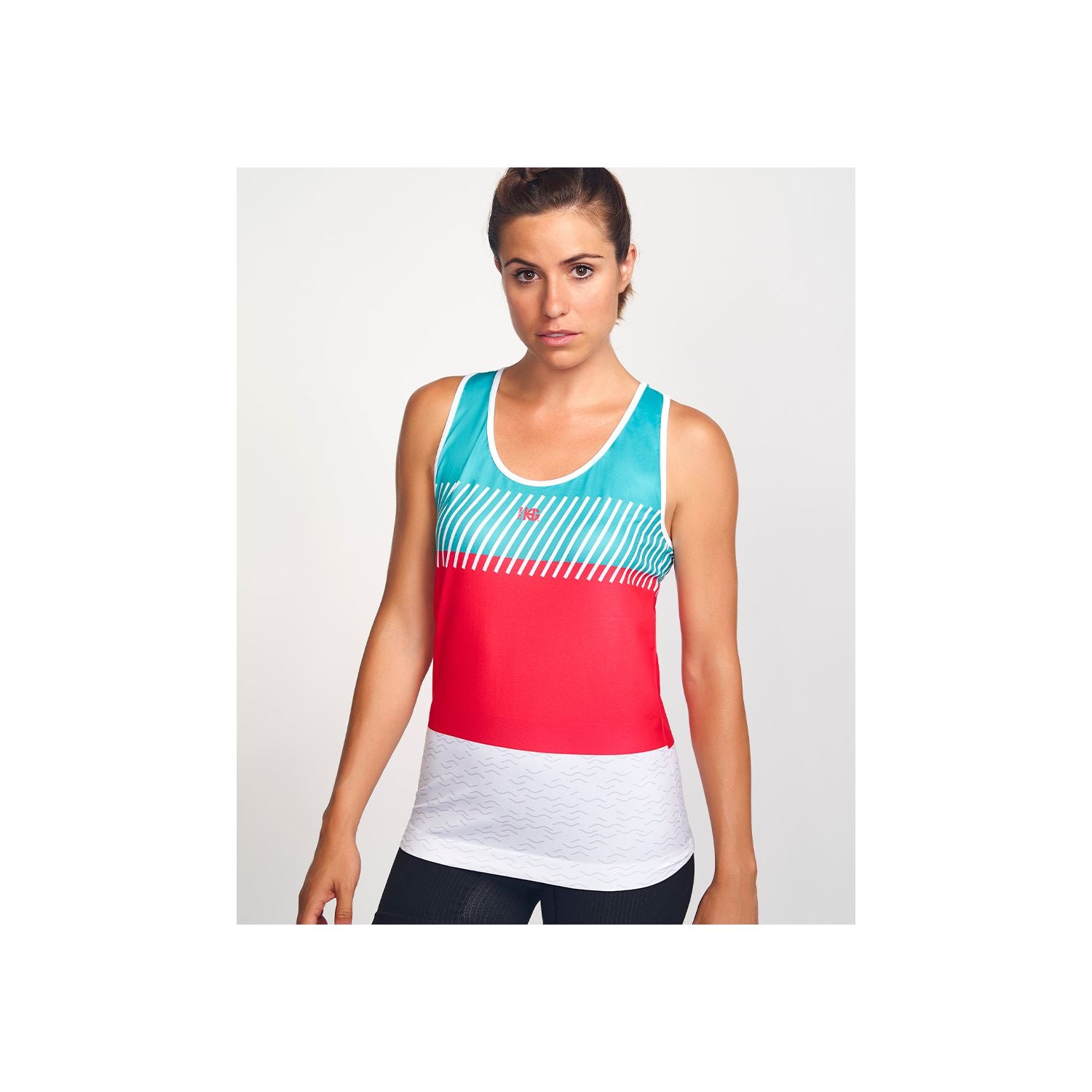 Débardeur femme RUNNING FLAG T-shirt imprimé turquoise, rouge et blanc - Clubinsport